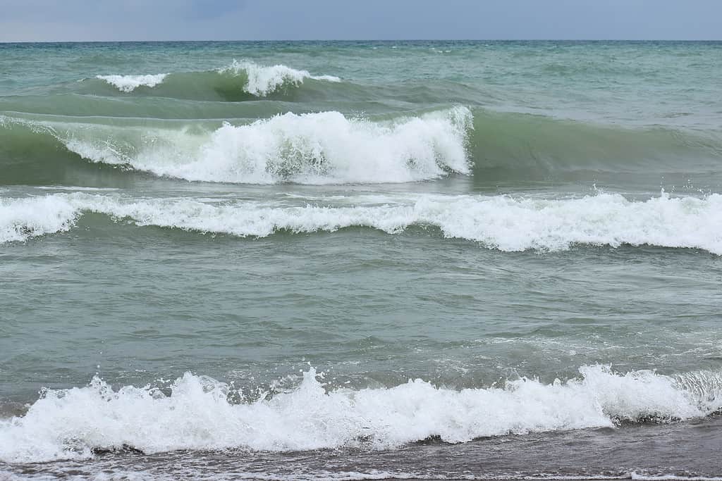 large waves on Lake Michigan, summer New Buffalo, Michigan  USA