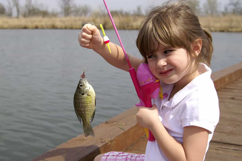 A young girl holding the fish she caught, bluegill