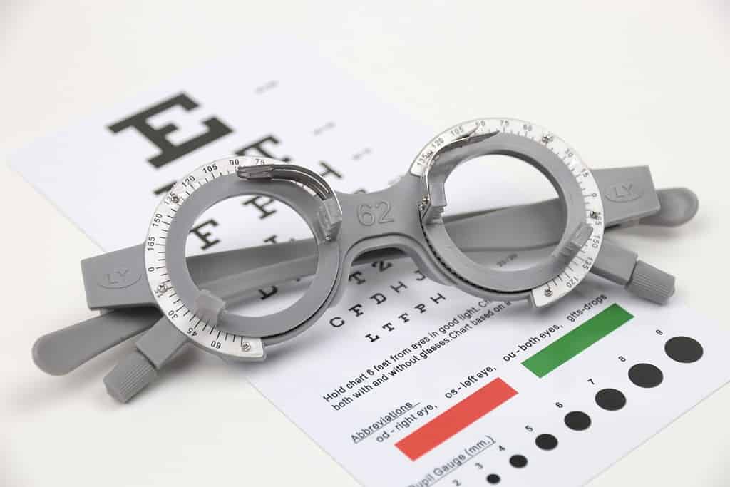 Trial frame, test eyeglasses on chart