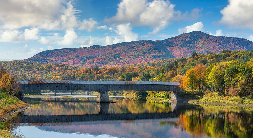 Autumn view of Cornish-Windsor Covered Bridge - longest in New Hampshire and Vermont on the Connecticut River