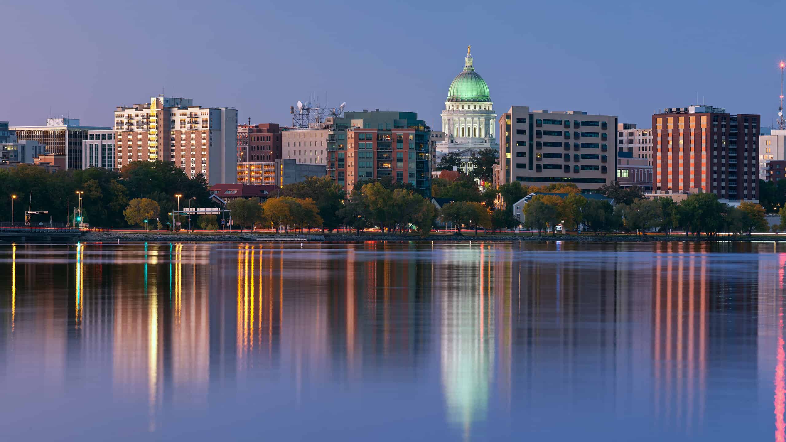 Panoramic image of Madison (Wisconsin) at twilight. This is stitched composite of 5 vertical images.
