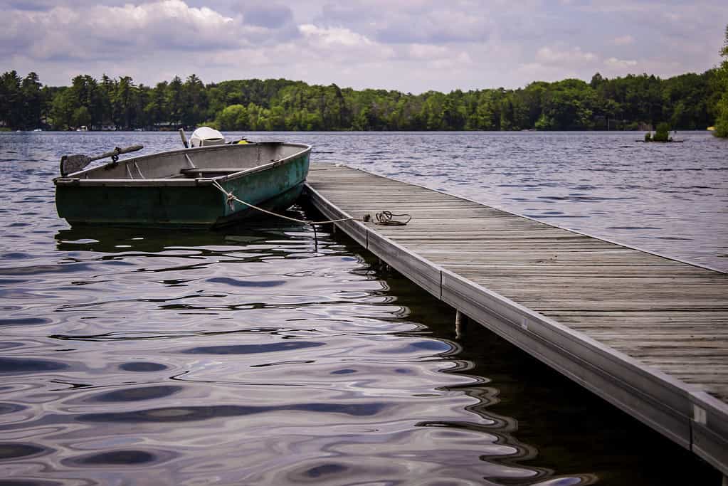 An angler's fishing boat in Odell Lake in Oregon