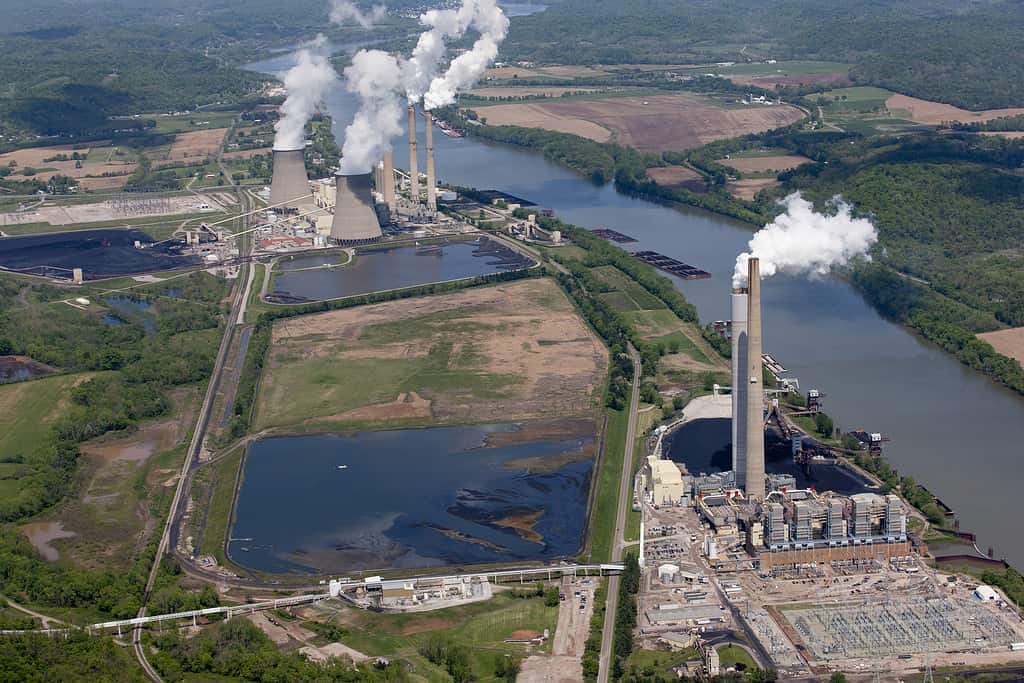 Aerial photograph of Kyger Creek Power Plant and Cheshire power plant Cheshire Ohio taken April 2012