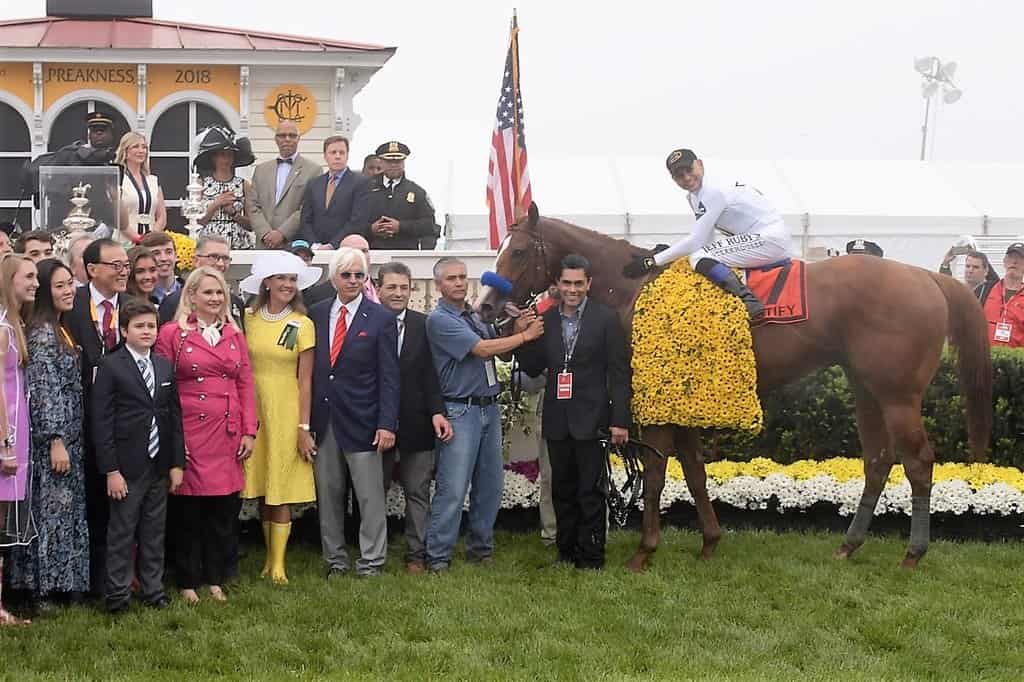 Justify in the 2018 winners circle at the Preakness