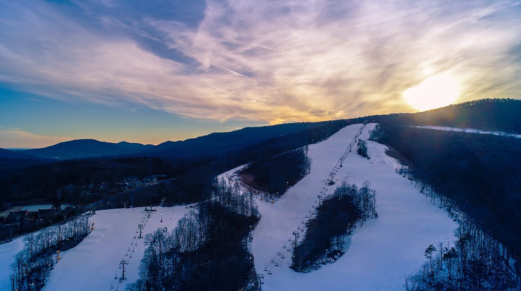 The sun sets over a ski resort in Mercersburg, Pennsylvania on a cold February evening.