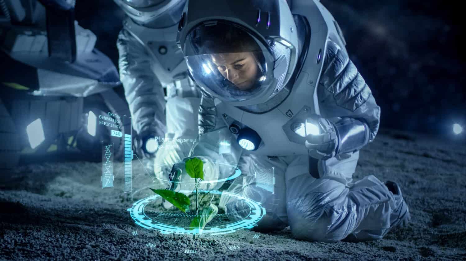 Two Astronauts Analyzing Plant Life Found on Alien Planet. Infographics Show Animated Data about Oxygen Generation, DNA and Molecular Structure. Technological Advance and Space Exploration.