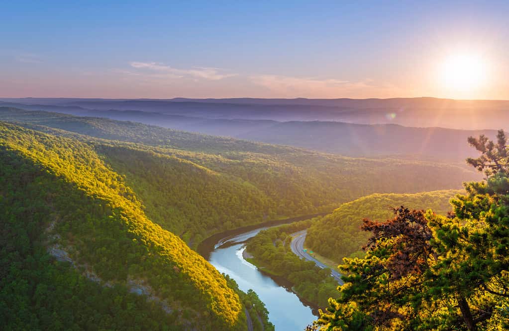 Delaware Water Gap Recreation Area viewed at sunset from Mount Tammany located in New Jersey