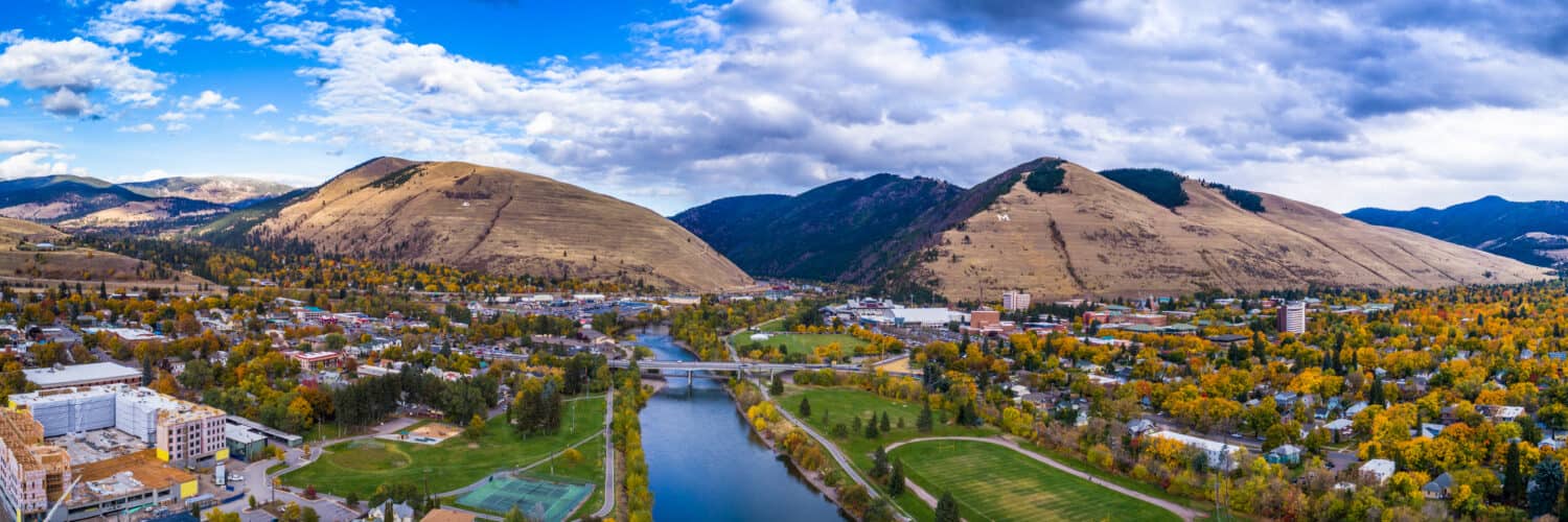 This is an aerial panoramic next the Higgins Street Bridge in Missoula, Montana on a beautiful fall day in Western Montana.  You can see the M on Mount Sentinel and L on Mount Jumbo.