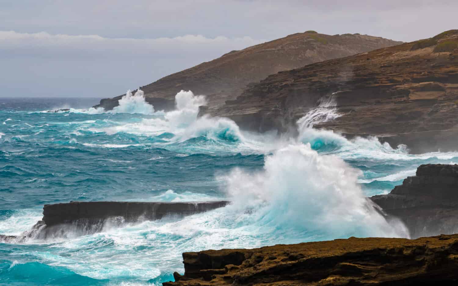 rough seas around the cliffs of east Oahu, Hawaii during the approach of Hurricane Lane on August 24, 2018