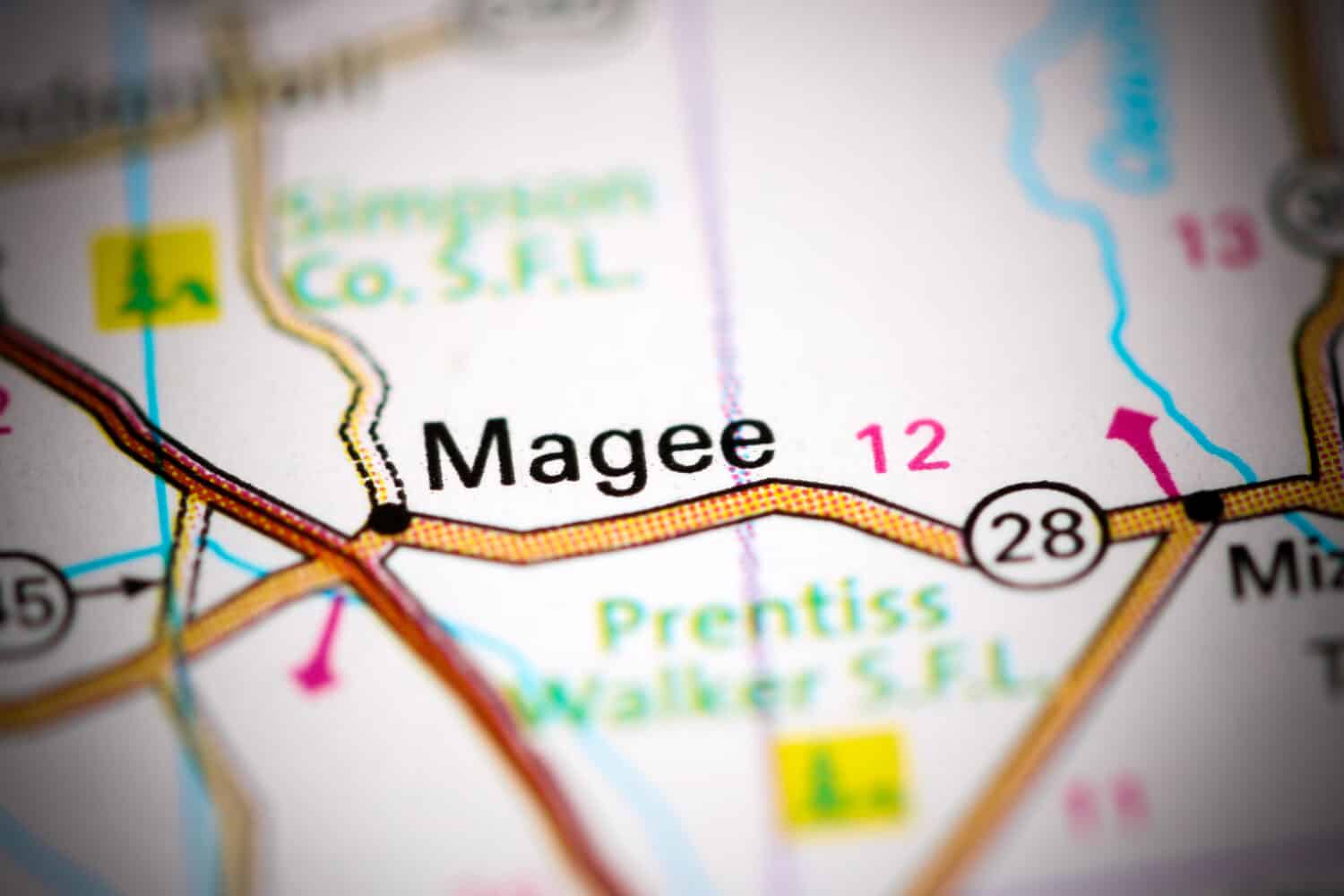 Magee. Mississippi. USA on a map