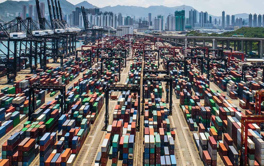 Aerial view of colorful container terminal, trade Industry Hong Kong China