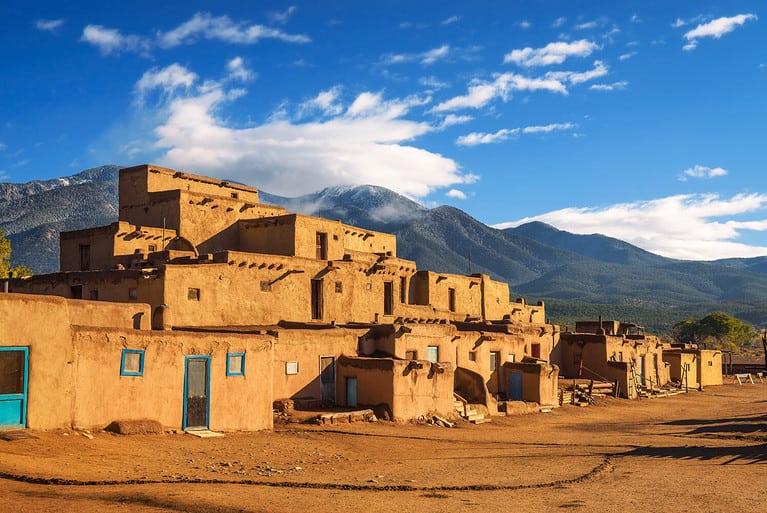 Ancient dwellings of UNESCO World Heritage Site named Taos Pueblo in New Mexico. Taos Pueblo is believed to be one of the oldest continuously inhabited settlements in USA.