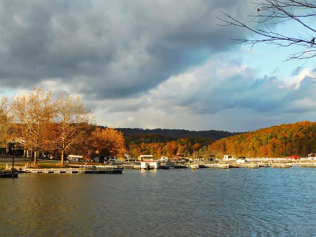 A view of Old Hickory Lake from the shore, with a dock and several boats. 