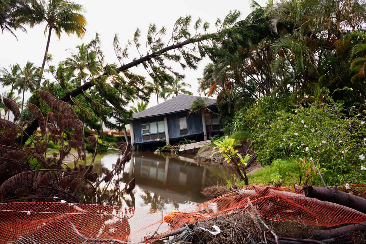 Flash flooded damaged houses in Hanalei Bay, Kauai, Hawaii, USA