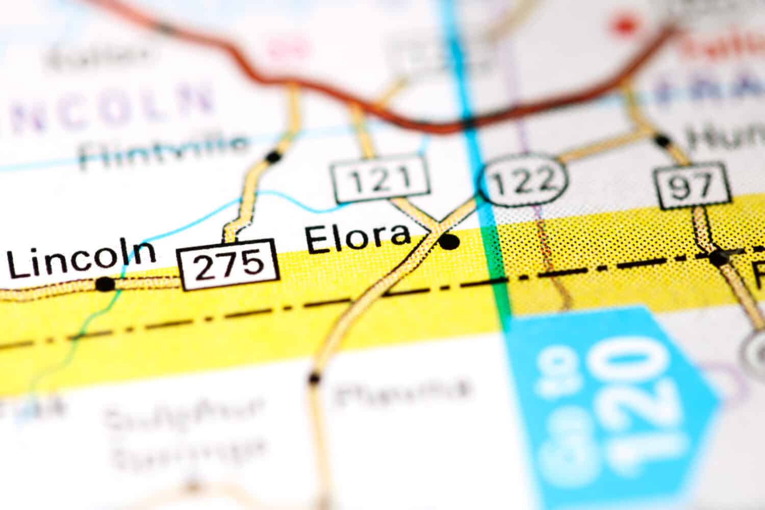 Elora. Tennessee. USA on a map