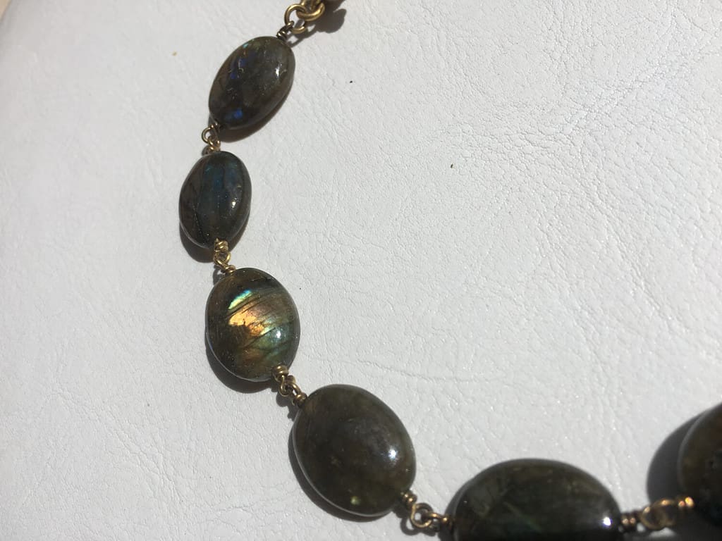 Fluorite and matte gold large stone art necklace fine art blue green golden hues