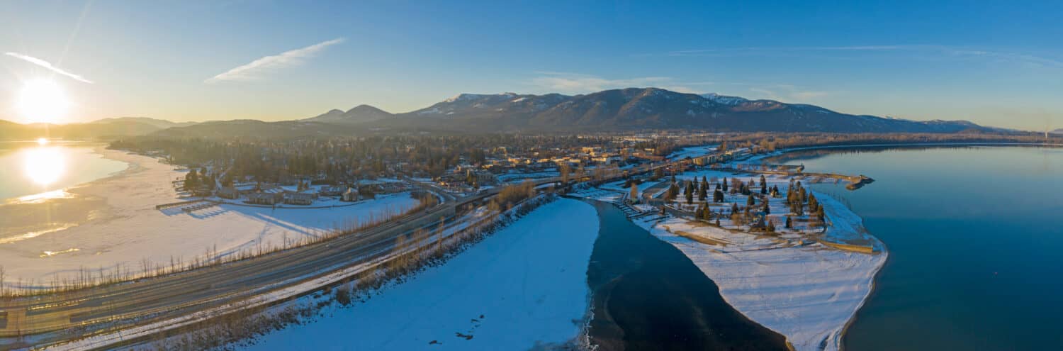 Sandpoint Idaho USA Pano Drone View Lake Pend Oreille Snowy Winter Sunset Cityscape
