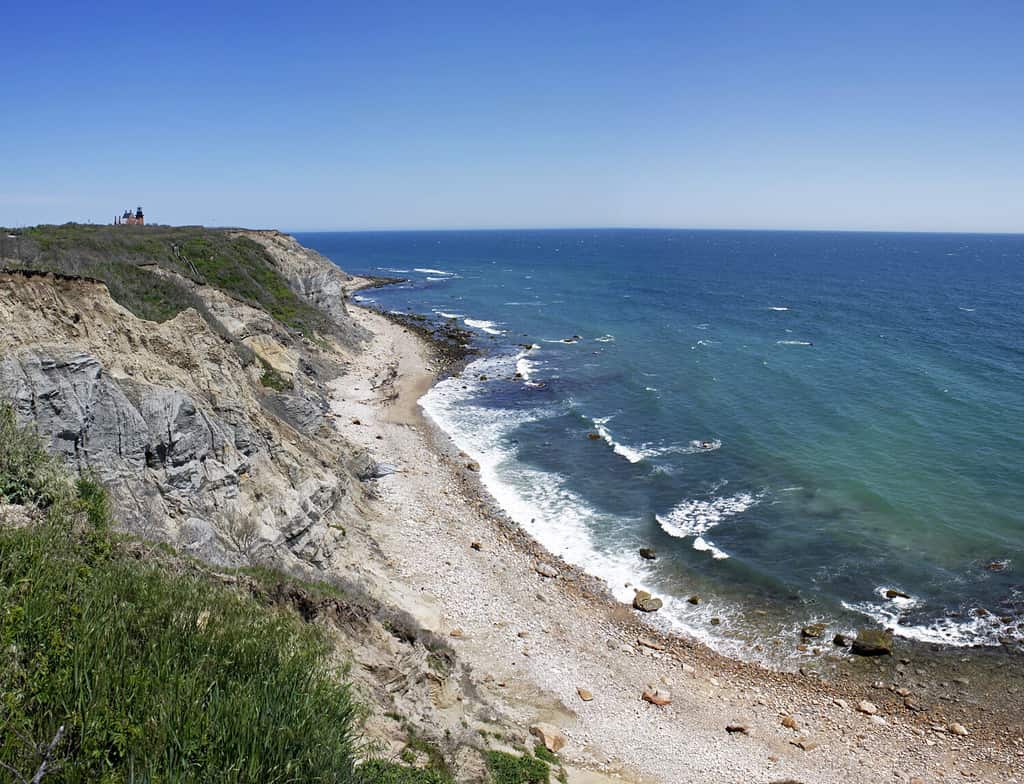 View of the Mohegan Bluffs section of Block Island located in the state of Rhode Island USA.