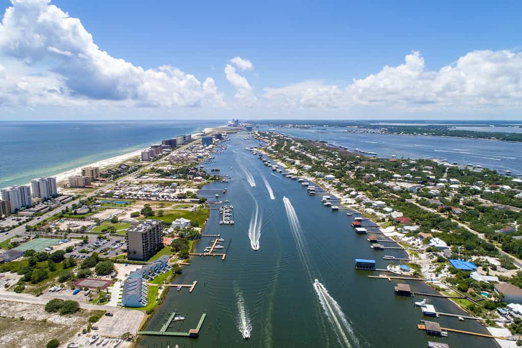 Aerial view of boats in Perdido Key beach, Florida and Ono Island, Alabama