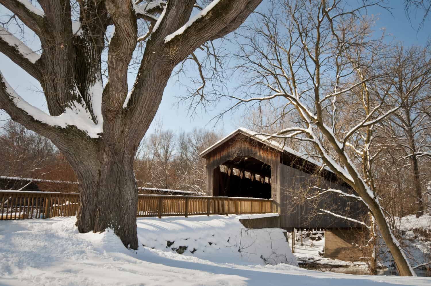 Ada Covered Bridge Wintertime at the historic Ada Covered Bridge in Kent County, Michigan.
