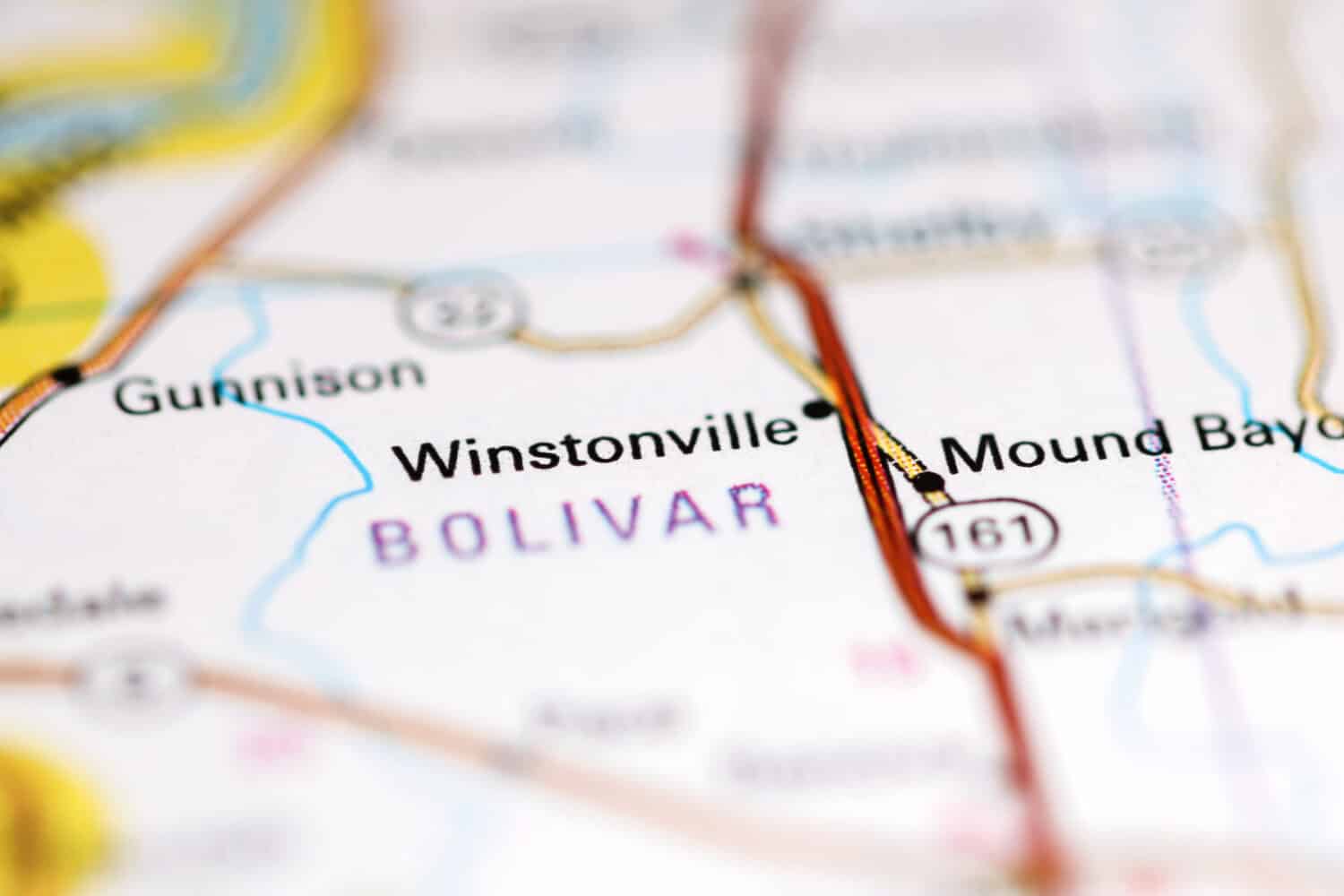 Winstonville. Mississippi. USA on a geography map