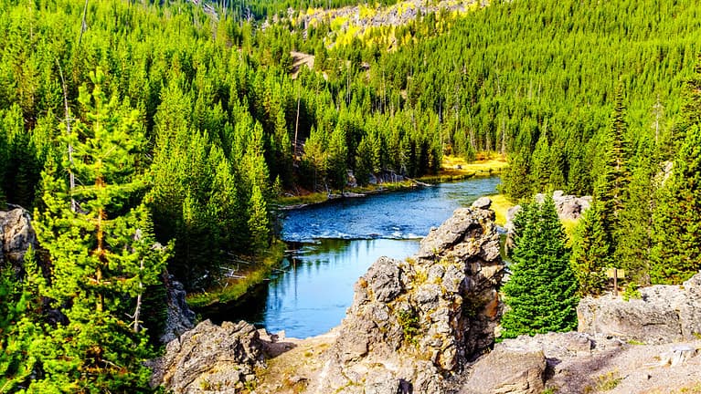 Aerial view of the Swimming Area in the Firehole River in Yellowstone National Park, Wyoming, United States of America