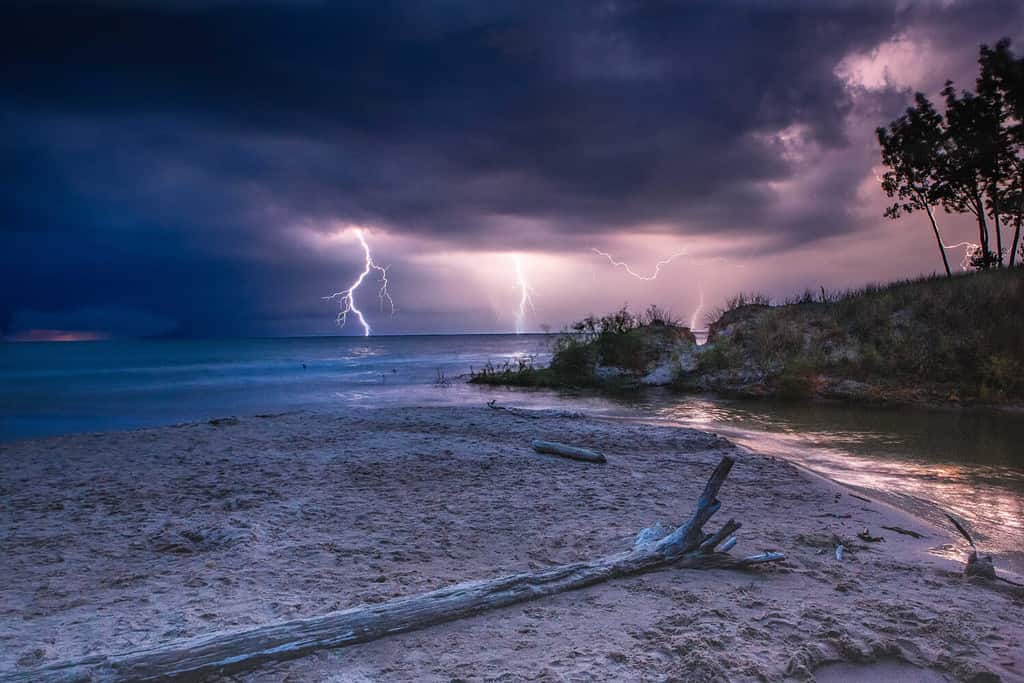 Evening lightning bolts over Lake Michigan Shore, near Hart, Michigan