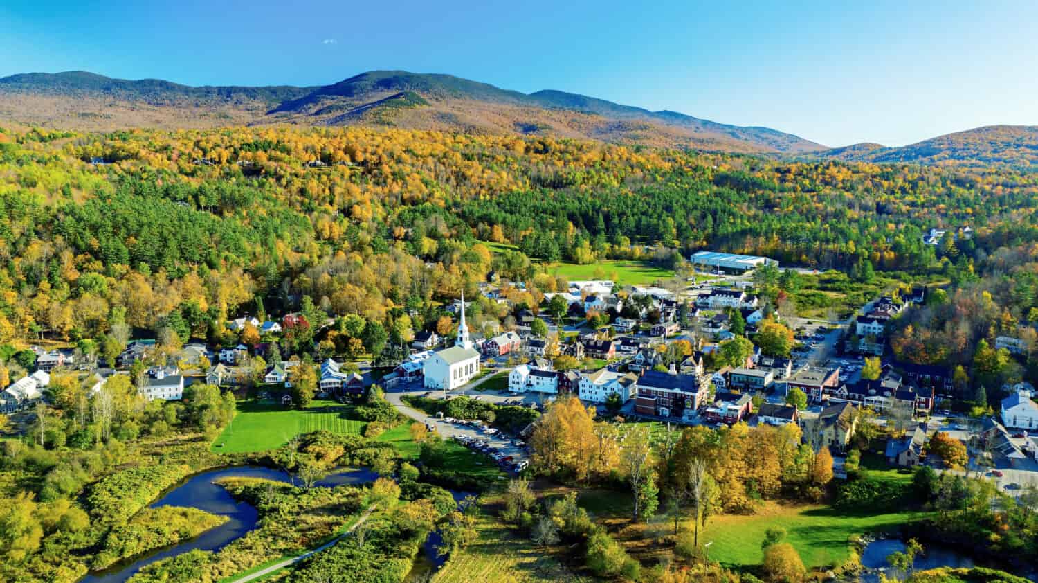 Fall colors in the village of Stowe Vermont