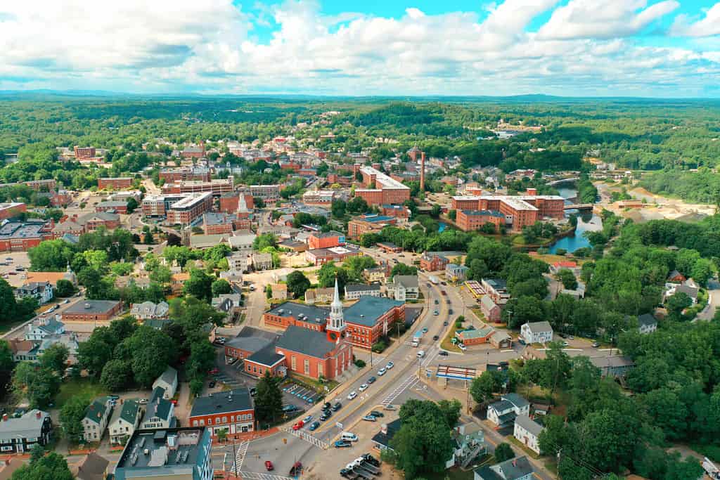 Aerial Drone Photography Of The Downtown Streets Of Dover, NH (New Hampshire) In The Summer