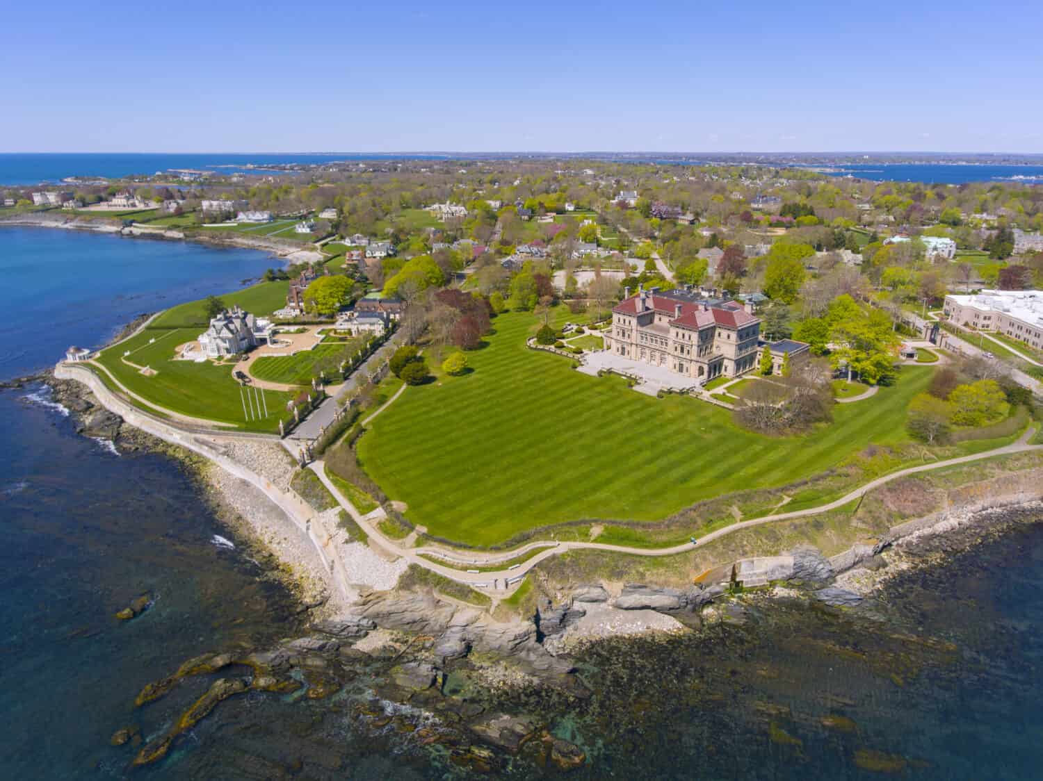 The Breakers and Cliff Walk aerial view at Newport, Rhode Island RI, USA. The Breakers is a Vanderbilt mansion with Italian Renaissance built in 1895 in Bellevue Avenue Historic District in Newport. 