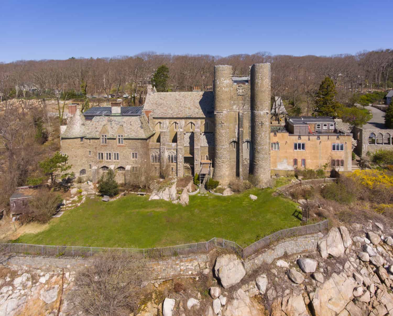 Aerial view of Hammond Castle in village of Magnolia in city of Gloucester, Massachusetts MA, USA. This building was built in 1926 on the coast of Gloucester Harbor.