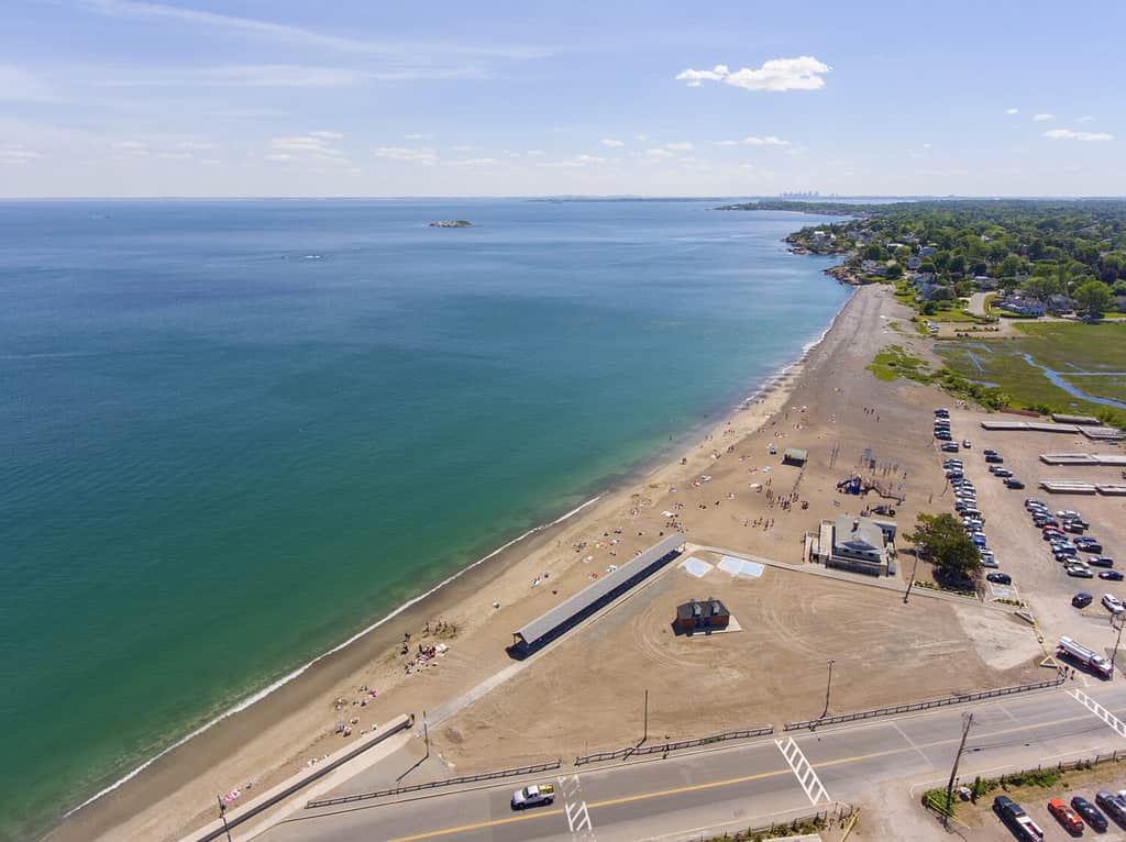 Marblehead Devereux Beach aerial view with Boston city skyline at the background, Marblehead, Massachusetts MA, USA.