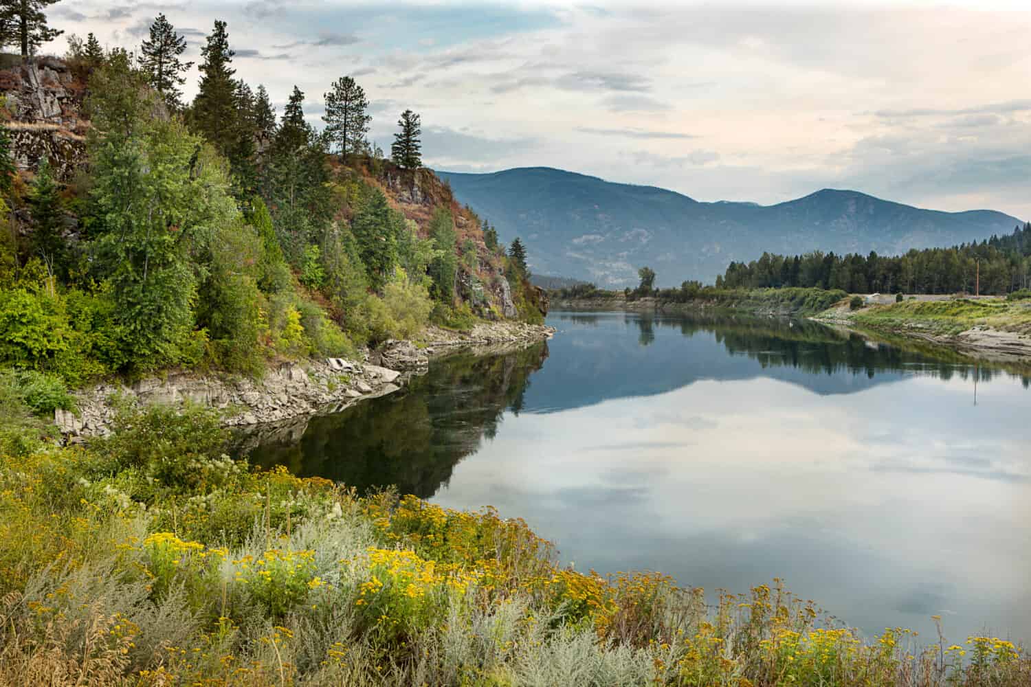 The calm Kootenay River near Bonners Ferry Idaho.