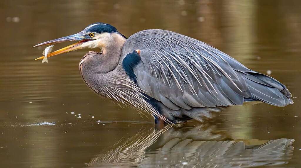 Great Blue Heron looking for and catching a fish meal