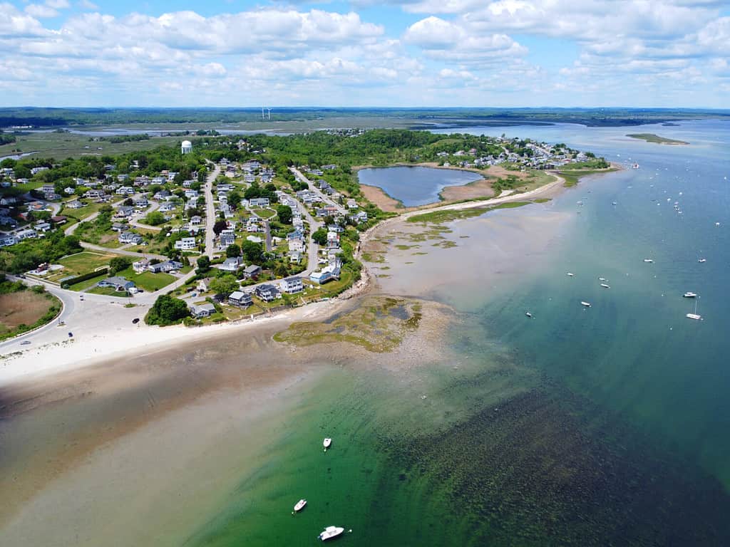 Historic village on Great Neck and Pavilion Beach aerial view at Ipswich Bay in town of Ipswich, Massachusetts MA, USA.