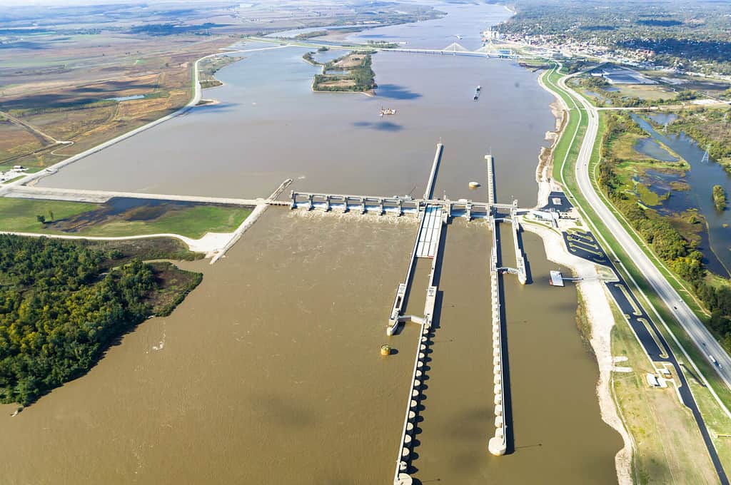 Aerial view of Melvin Price locks and dam, Mississippi River, Alton, Illinois, USA