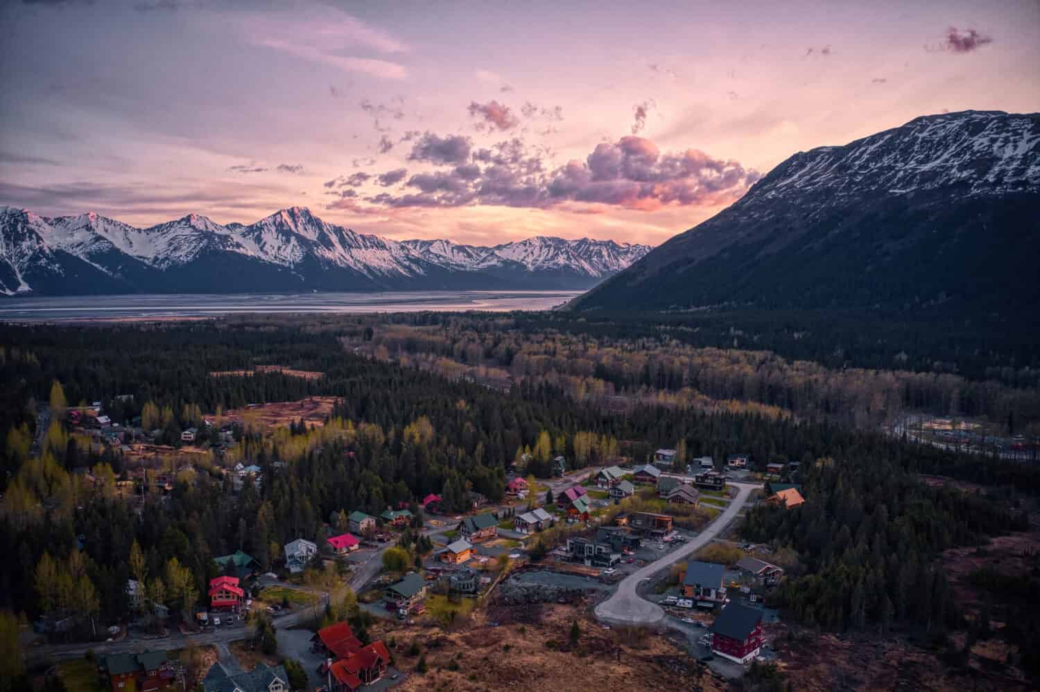 Aerial View of the Resort Town of Girdwood, Alaska at Sunset