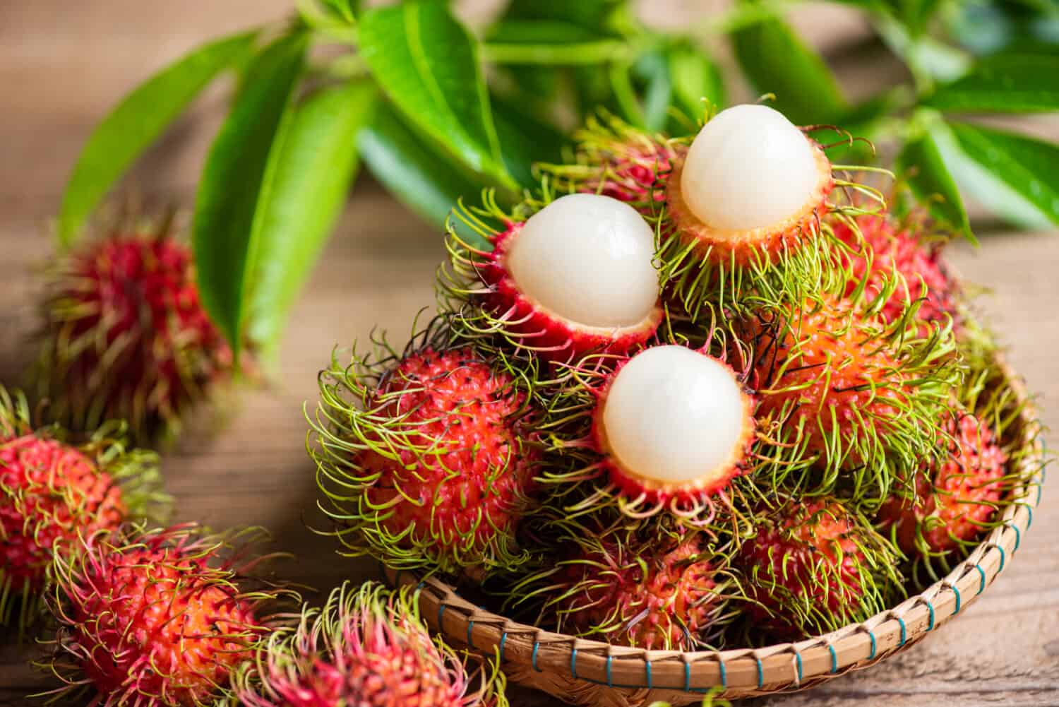 Fruta tropical dulce de rambután fresca y madura con hojas de rambután peladas, fruta de rambután en la cesta y cosecha de fondo de madera del jardín