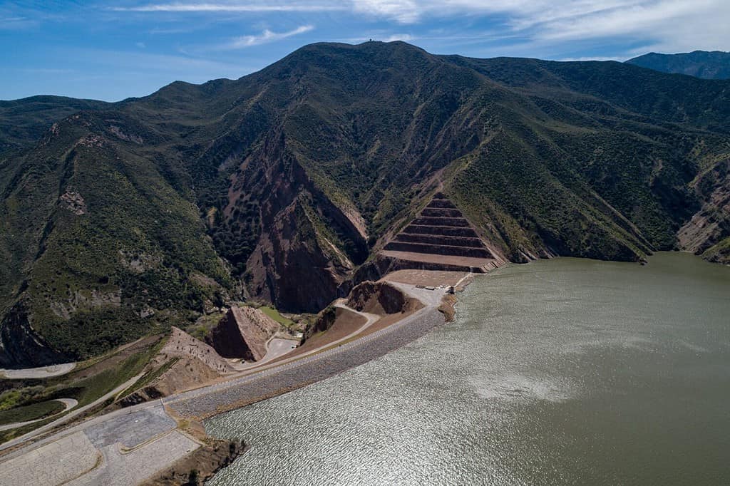 Pyramid Lake in California. It is a reservoir formed by Pyramid Dam on Piru Creek in the eastern San Emigdio Mountains, near Castaic, Southern California, in Los Padres National Forest