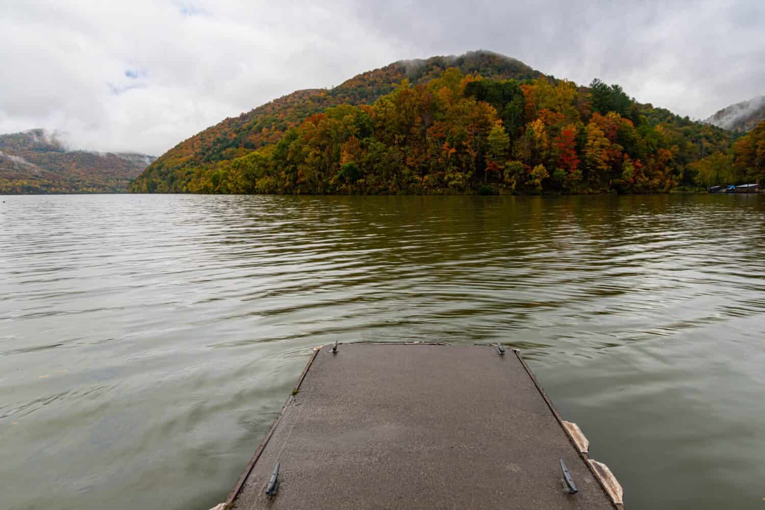 Fishing Pier On The Bluestone River Surrounded With Fall Foliage and Mountains, Bluestone State Park, West Virginia, USA