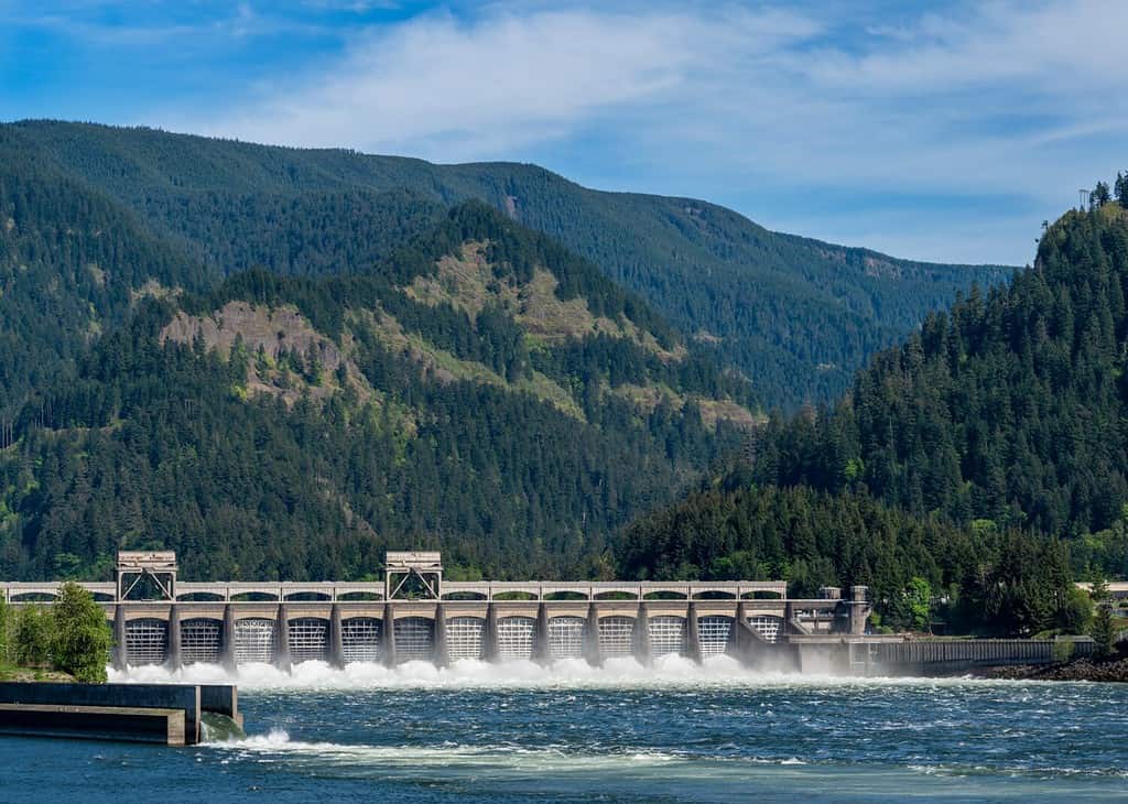 Gates open on the Bonneville Dam in the Columbia River Gorge