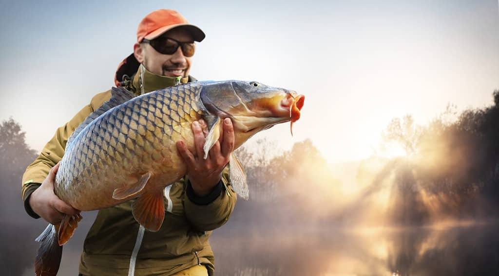 Fishing background. Young man hold big carp in his hands.