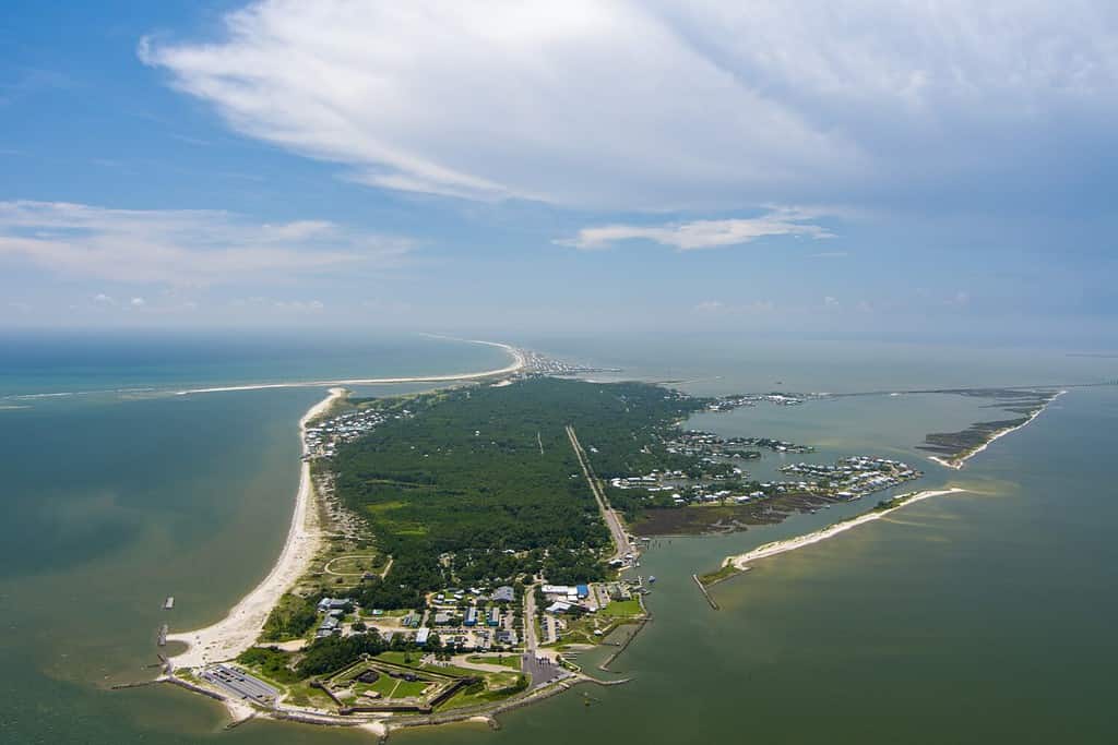 Aerial view of Fort Gaines and Dauphin Island, Alabama in July of 2022
