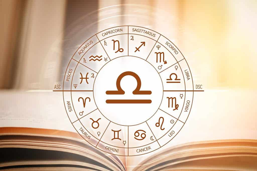 Zodiac circle against the background of an open book with libra sign. Astrological forecast for the signs of the zodiac. Characteristics of the sign libra. Astrology, esotericism, secret science