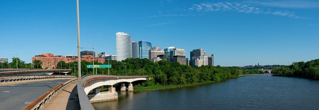 Arlington, Virgina - June 4, 2022: View of Downtown Arlington and Potomac River from the Theodore Roosevelt Bridge