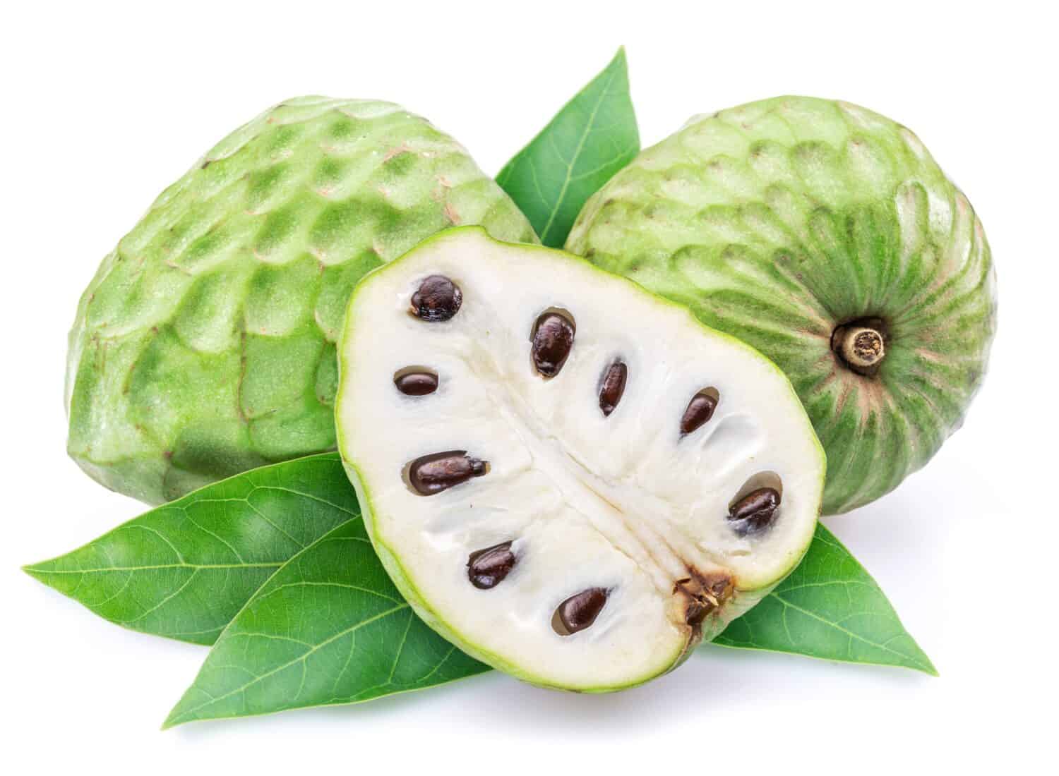 Custard apples or cherimoya fruits and slice of fruit isolated on white background.