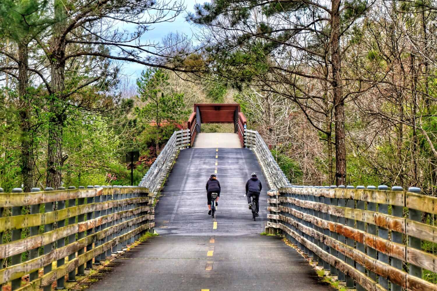 A pair of cyclists, seen from behind and at a distance, ascend a bridge on the Silver Comet Trail near Atlanta, GA.