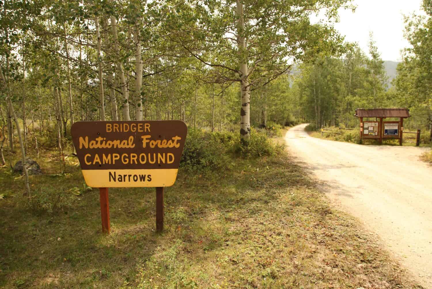 Entrance sign for Bridger-Teton National Forest The Narrows Campground in Wind River Range, Wyoming