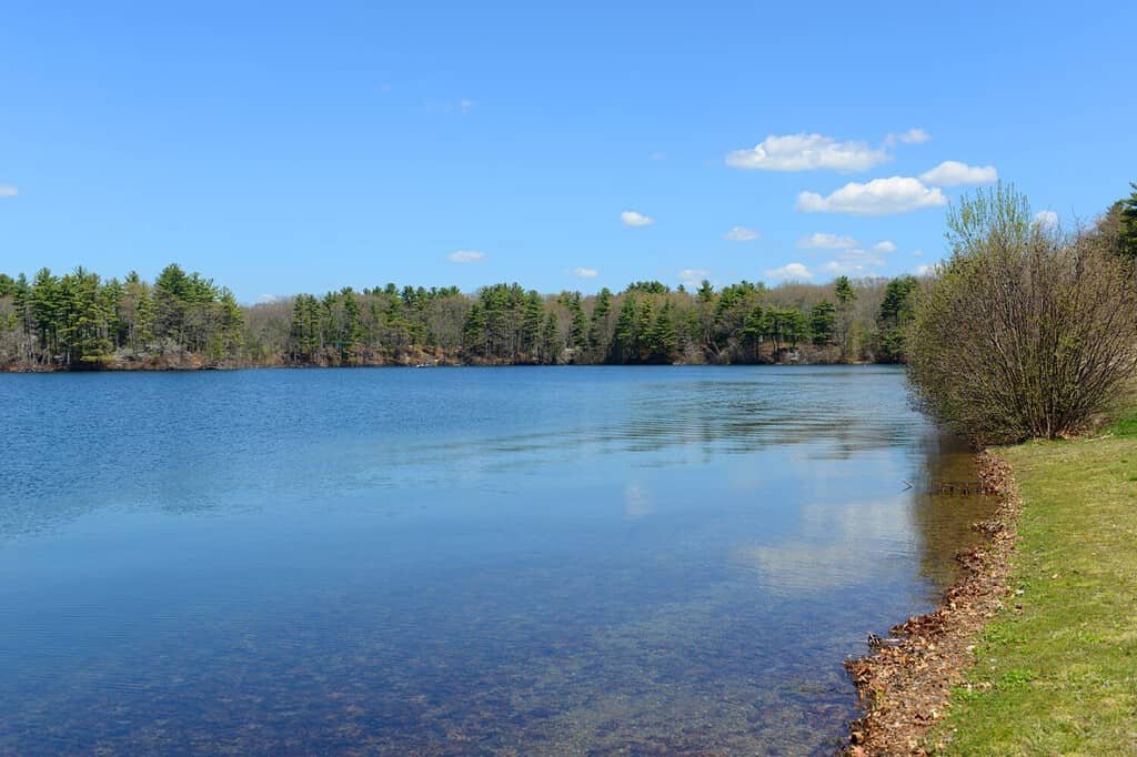 Lake Chaubunagungamaug aka Webster Lake in spring in town of Webster, Massachusetts MA, USA. The original name Lake Char­gogg­a­gogg­man­chaugg­a­gogg­chau­bun­a­gung­a­maugg is the longest name in US