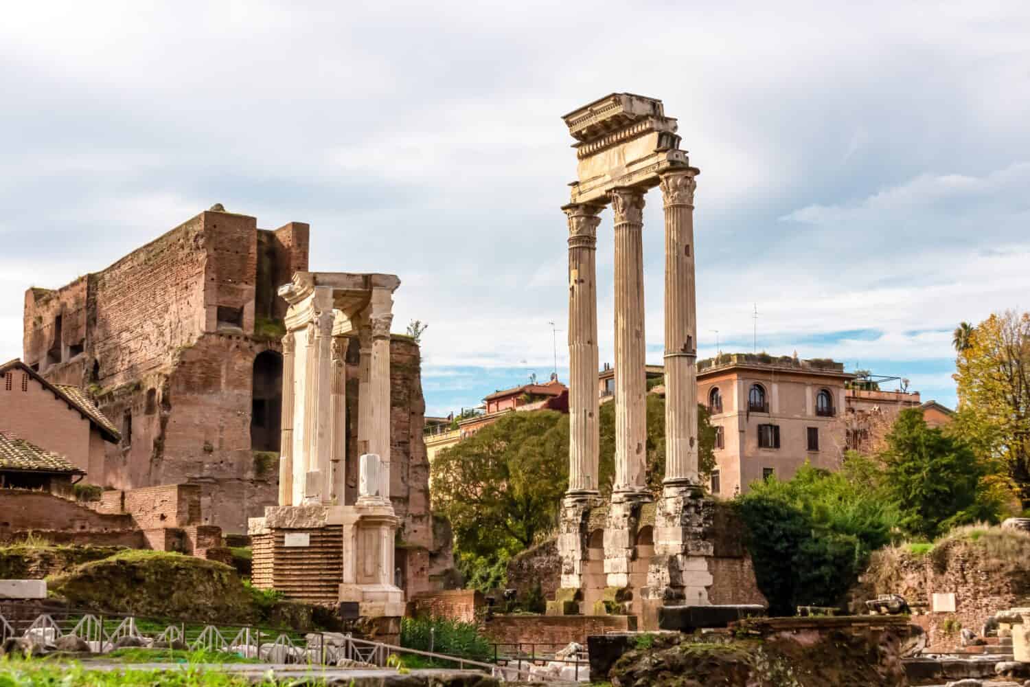 Panoramic close up view of the Temple of Castor and Pollux in the Roman Forum (Foro Romano) in the city of Rome, Lazio, Italy, EU Europe. Ancient ruins of the Roman Temple on Via Sacra. Culture trip